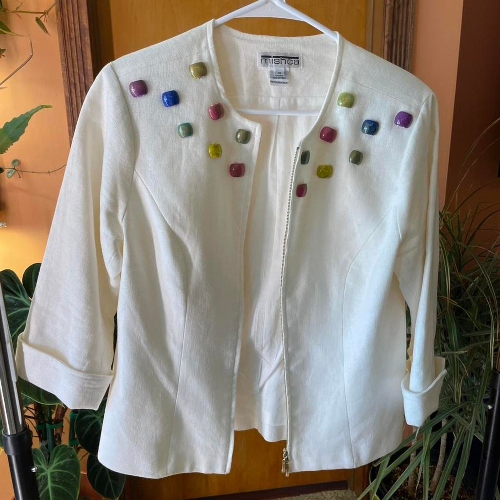 Vintage Mishca white 100% cotton jacket colorful buttons M Retro Twee Indie Art
